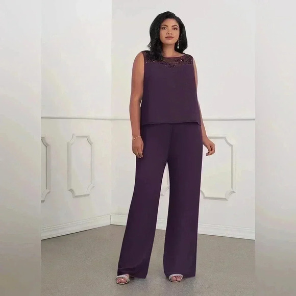 Azazie Mother of the Bride Jumpsuit Pantsuit Sequins Chiffon Dress Royal Purple - Picture 2 of 9